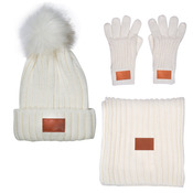 Three-Piece Rib Knit Fur Pom Winter Set